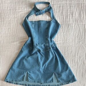 Square Neck Denim Halter Dress with Choker